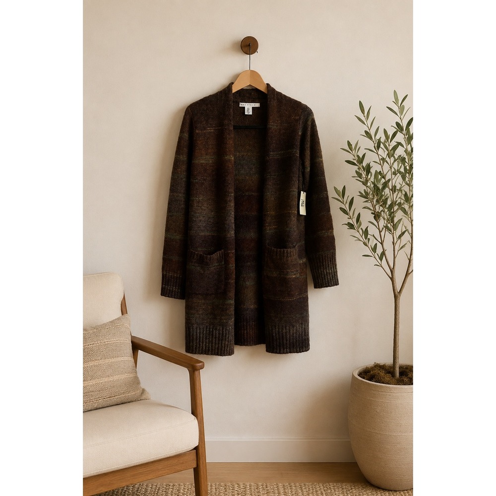 Max Studio Open Cardigan Brown Neutral Striped Duster Cabincore Cozy S Pockets